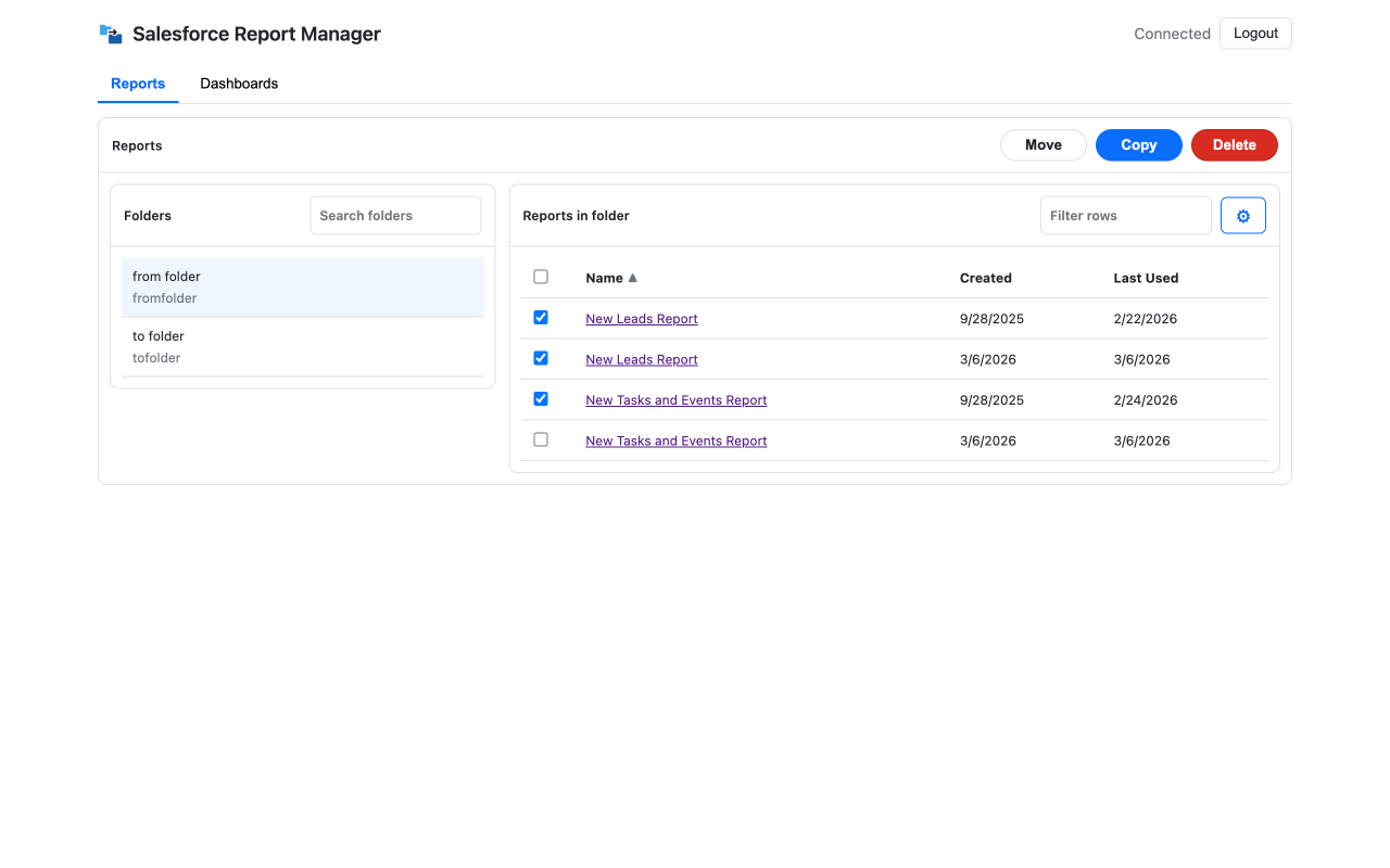 Extension main view: report folders, bulk Move, Copy, and Delete, and a sortable list of reports in the selected folder.
