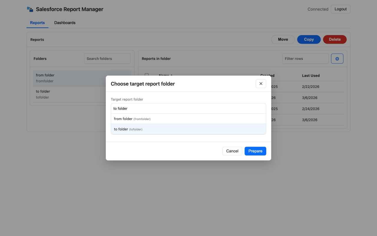 Dialog to choose target report folder before preparing a copy or move, with cancel and prepare actions.