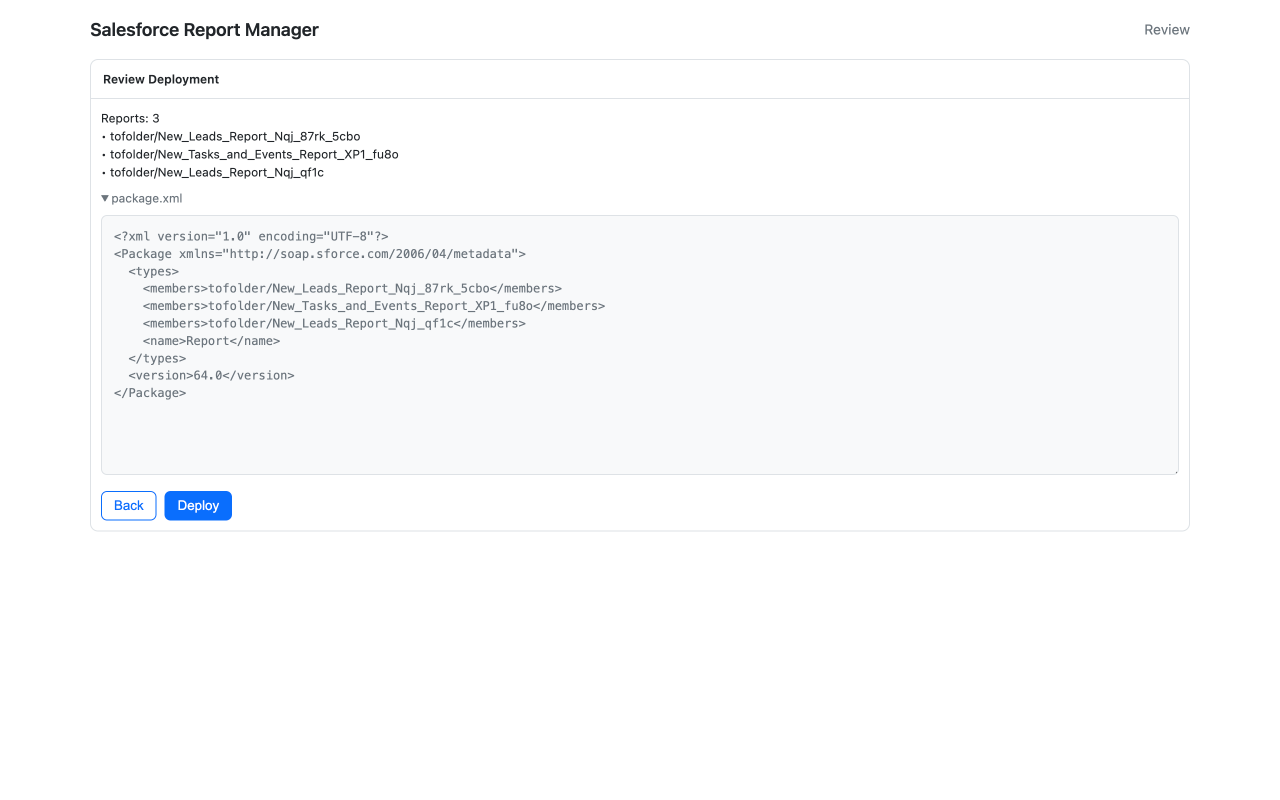 Review deployment screen listing selected reports and expandable package.xml metadata.