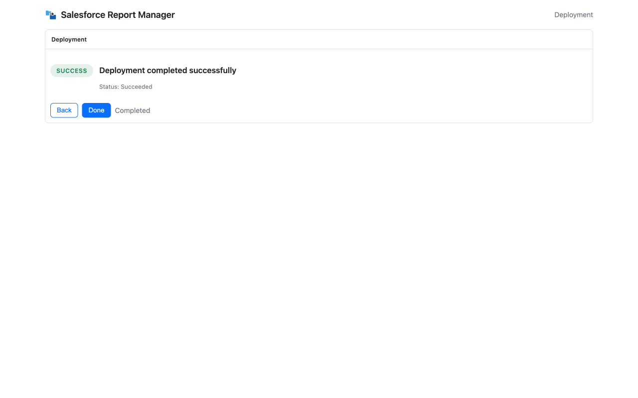 Deployment completed screen with success status and back and done actions.